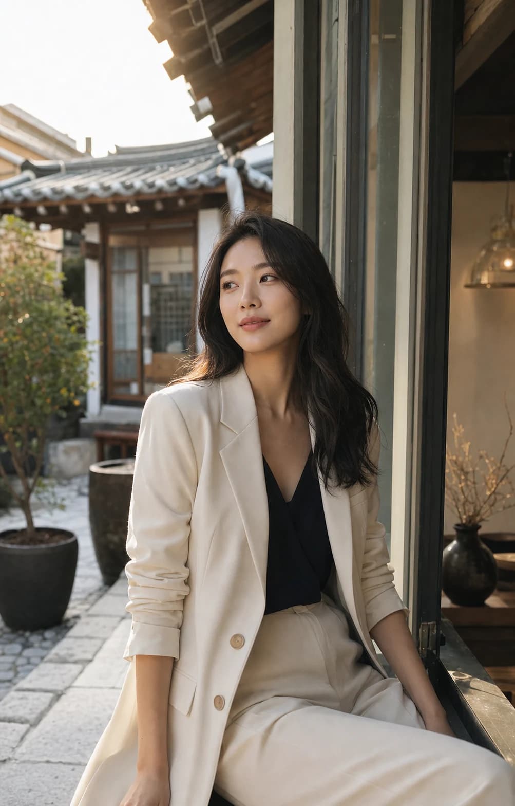An adult Korean woman in contemporary tailoring beside a hanok courtyard in Seoul
