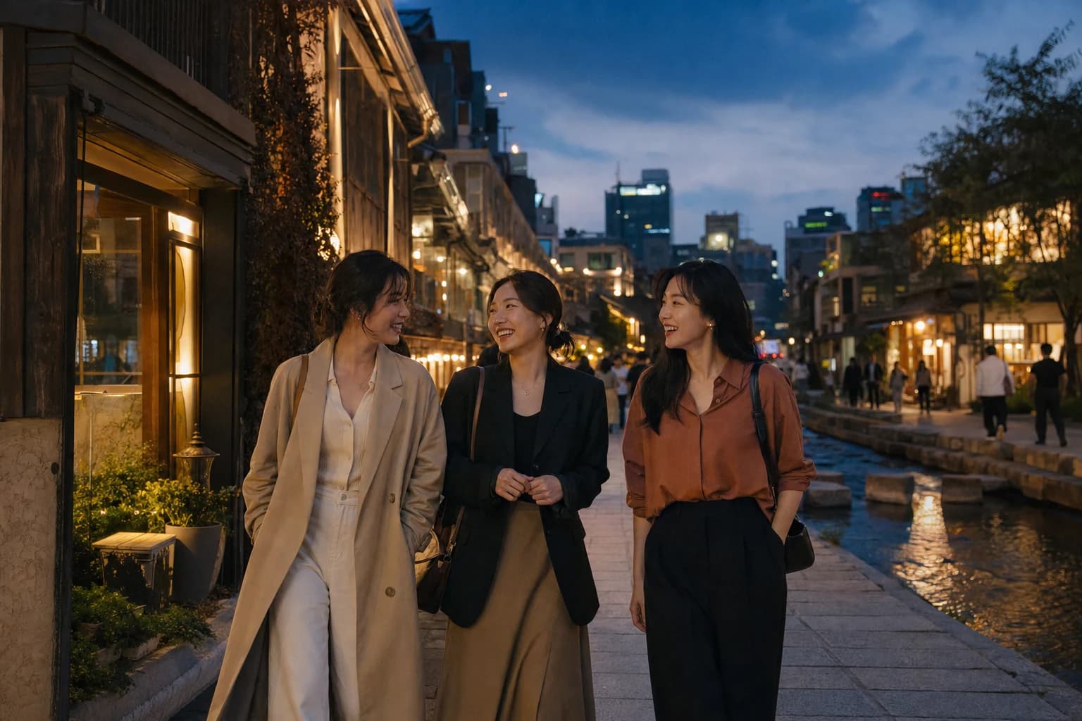 Three adult Korean women walking together beside a stream in Seoul at blue hour
