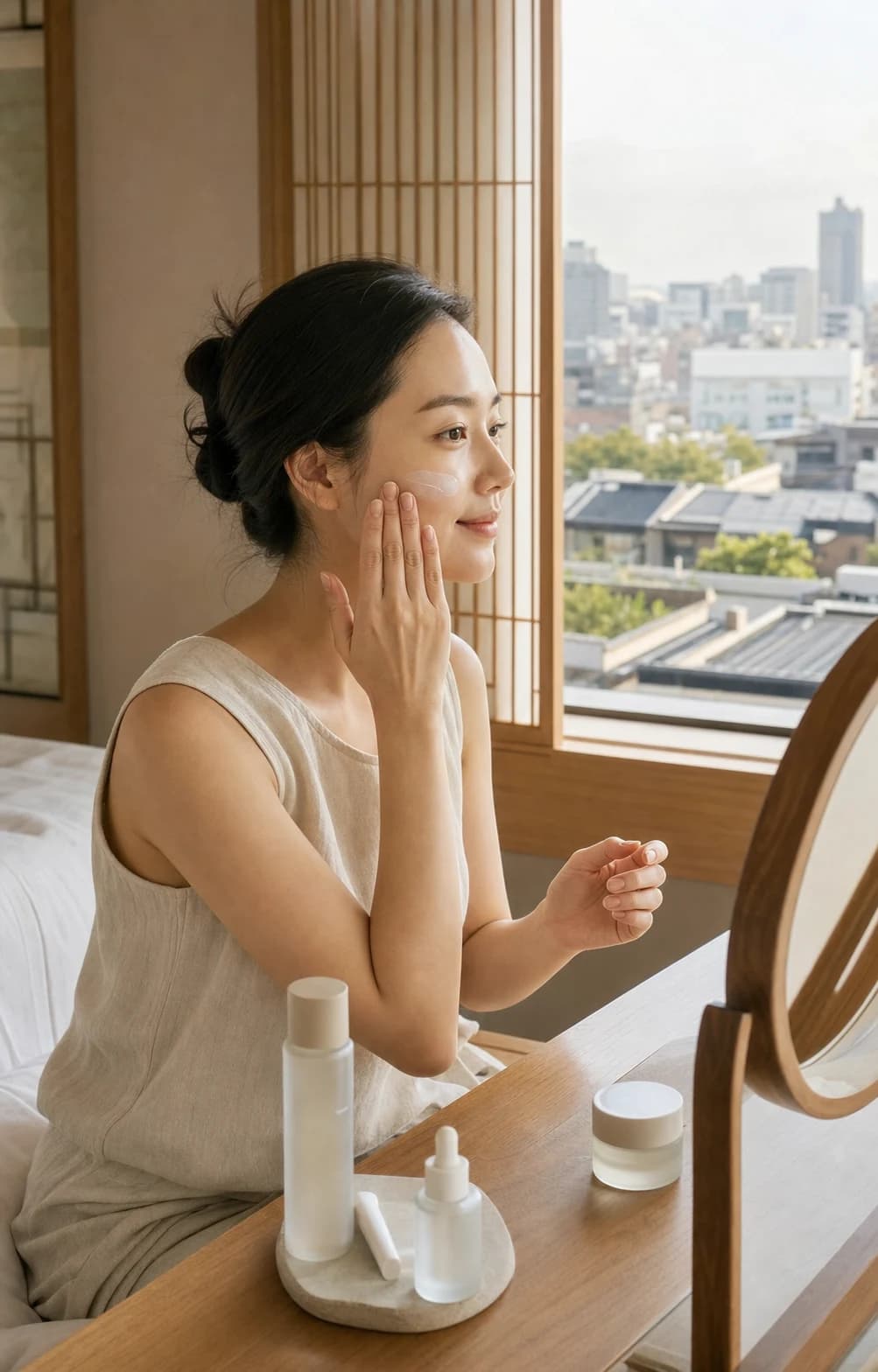 ソウルで出かける前、ドレッサーでスキンケアをする韓国人女性