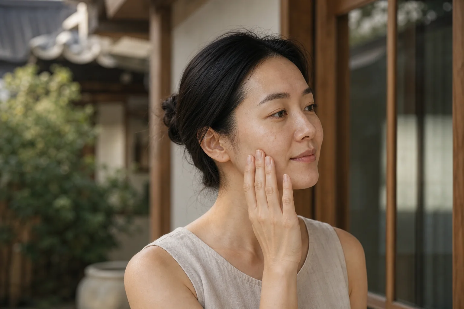 A Korean woman with realistic skin texture and natural pigmentation in gentle daylight