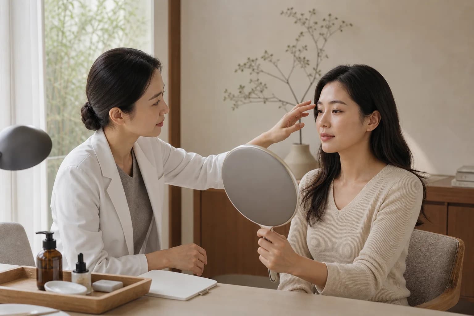 A doctor and patient use a hand mirror during a facial-expression consultation