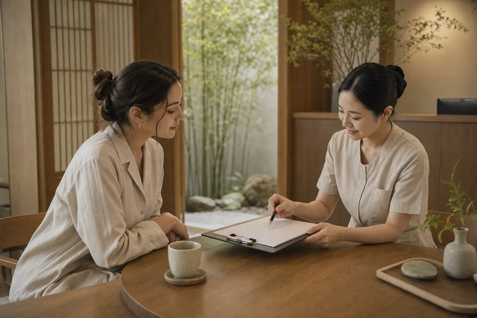 An international visitor reviews a clinic checklist with a Korean coordinator in Seoul