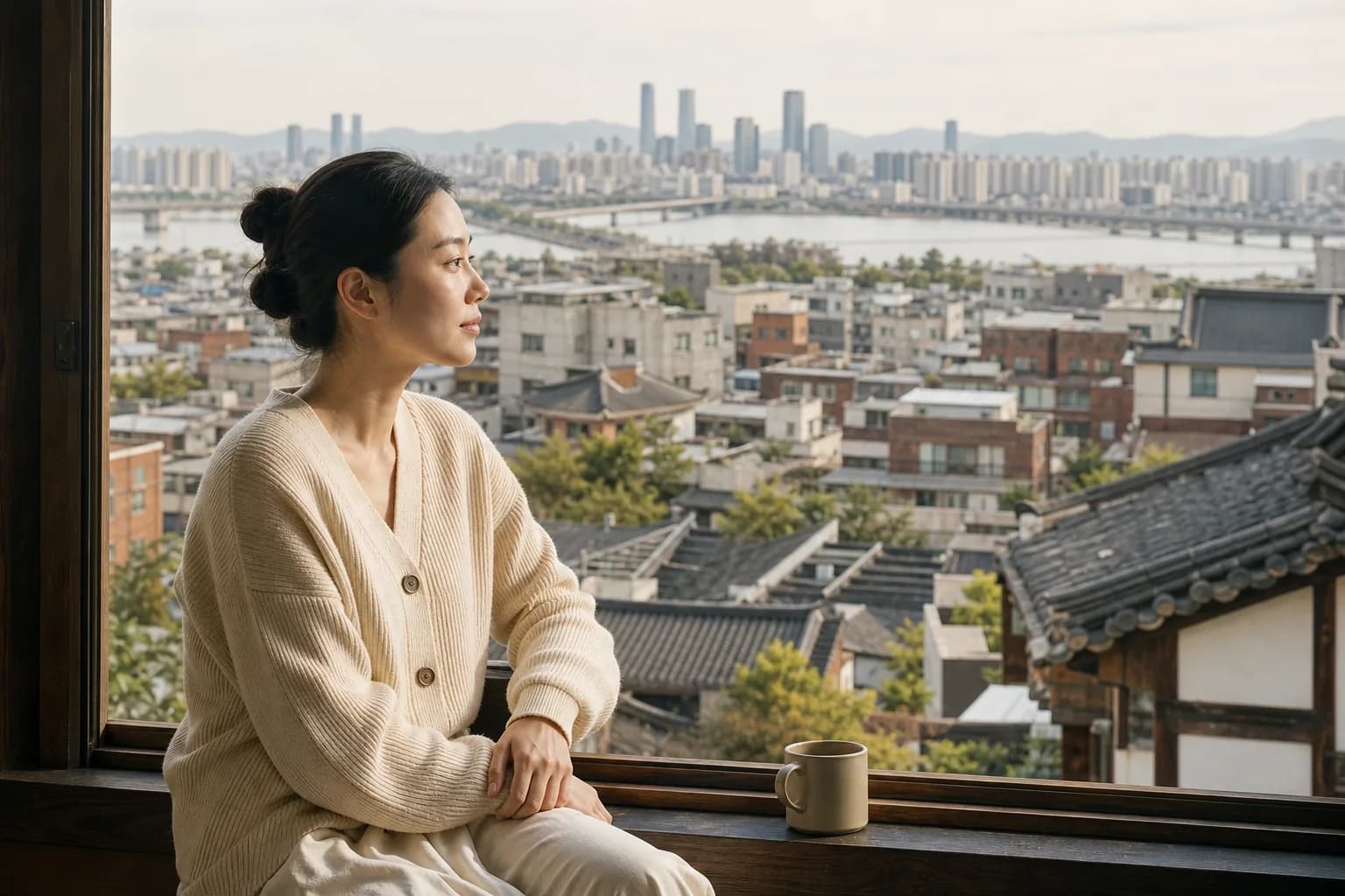 A layered Seoul city view across traditional rooftops, the Han River, and modern towers