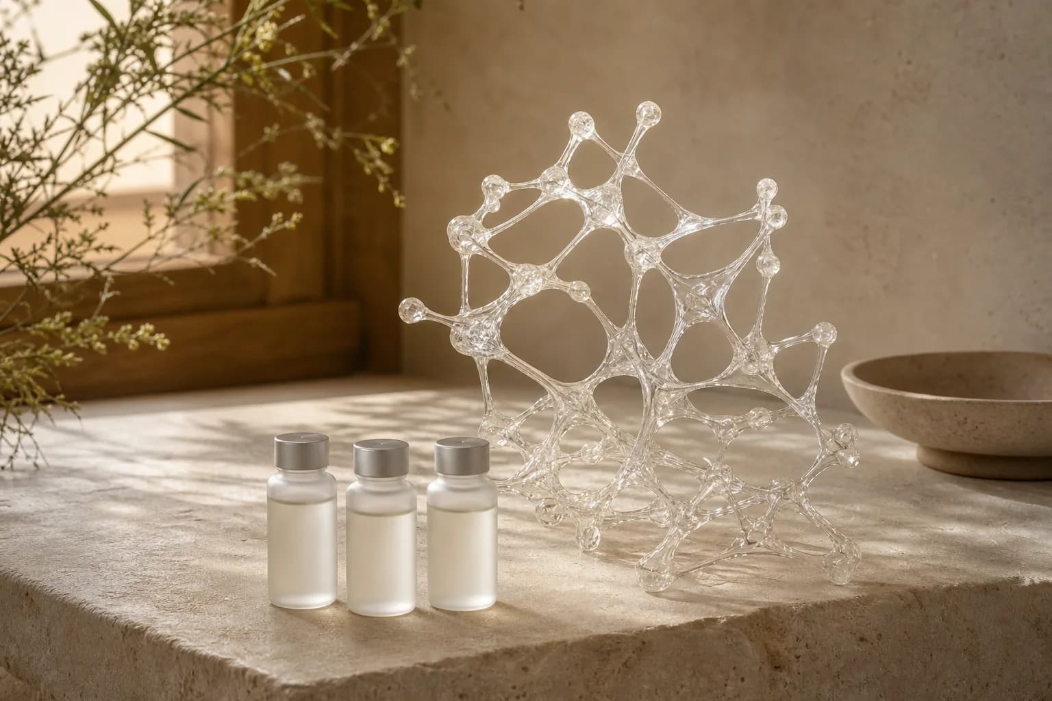 Three frosted vials beside a translucent sculpture inspired by a collagen network