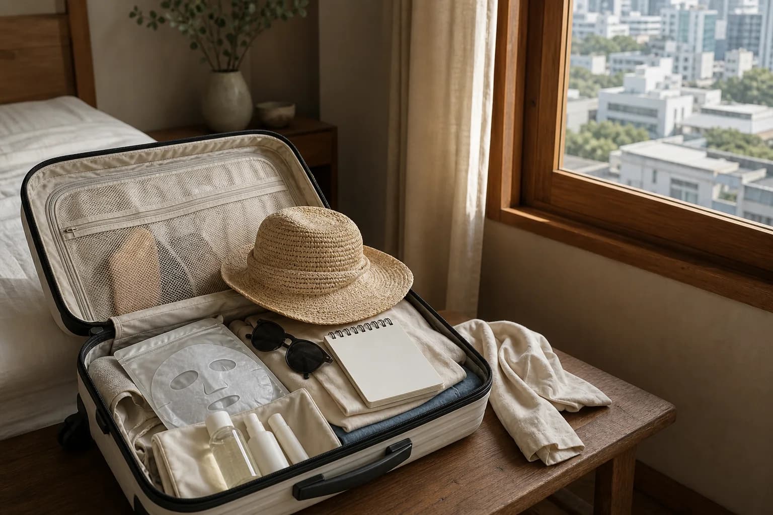 A Seoul travel suitcase packed with sun protection, cooling care, and a blank planner