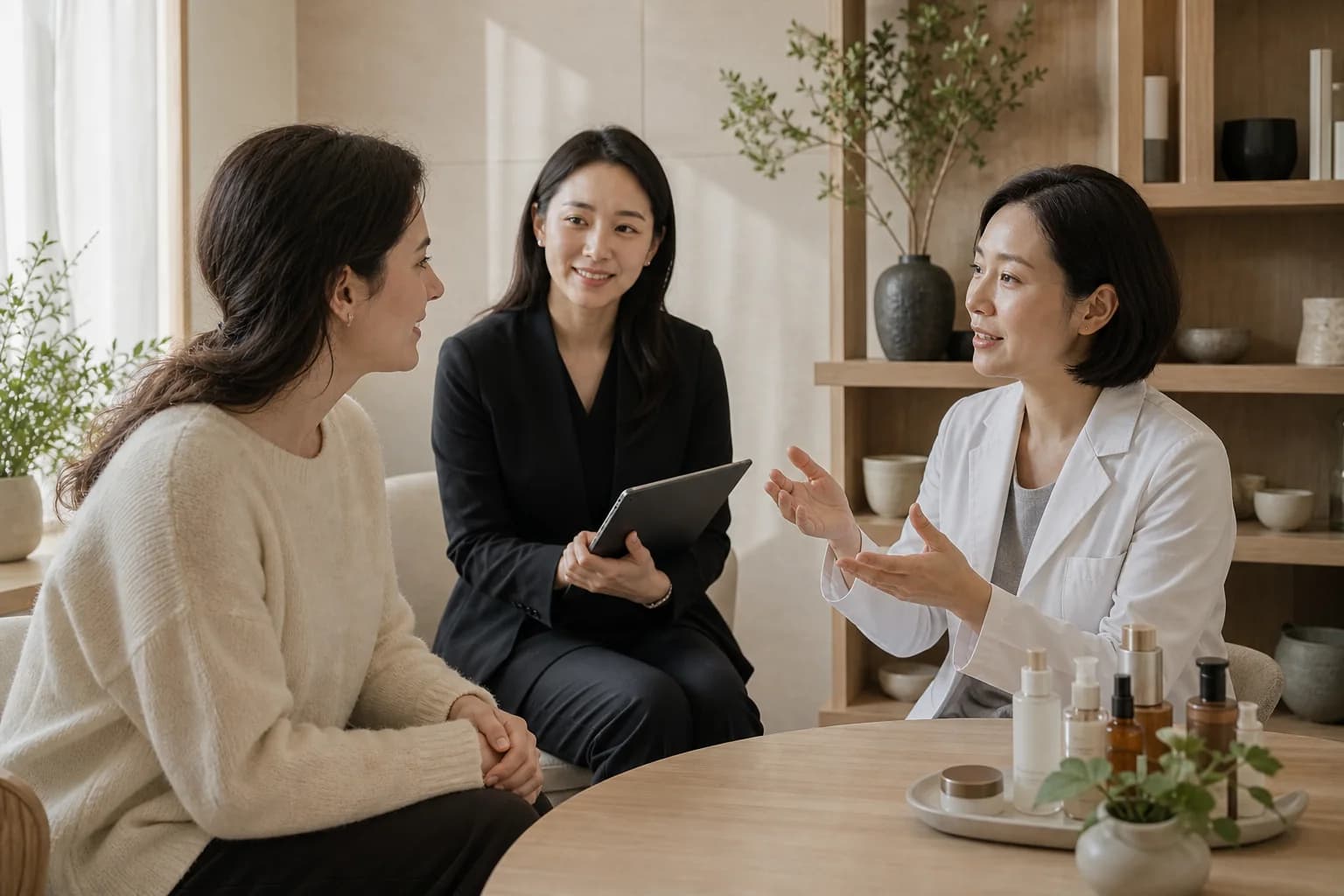 An international visitor talks with a Korean dermatologist and bilingual coordinator