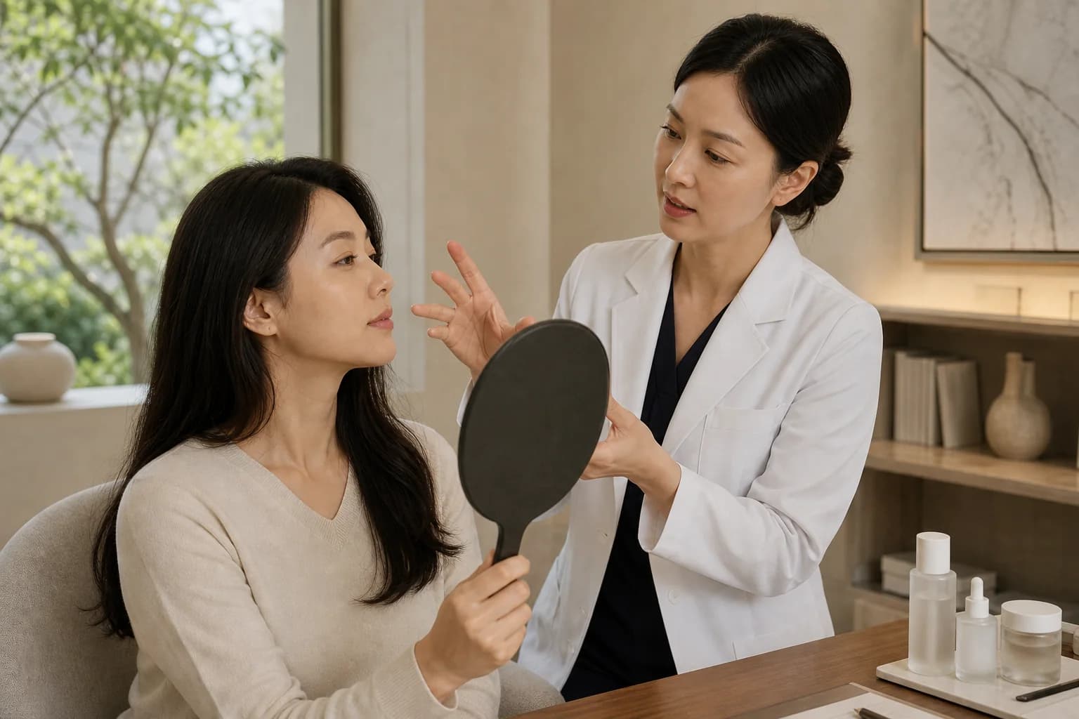 A doctor and patient use a hand mirror during a facial-proportion consultation