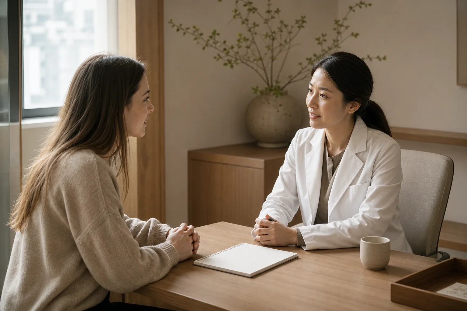 A first-time international visitor speaks with a Korean doctor in a quiet consultation room