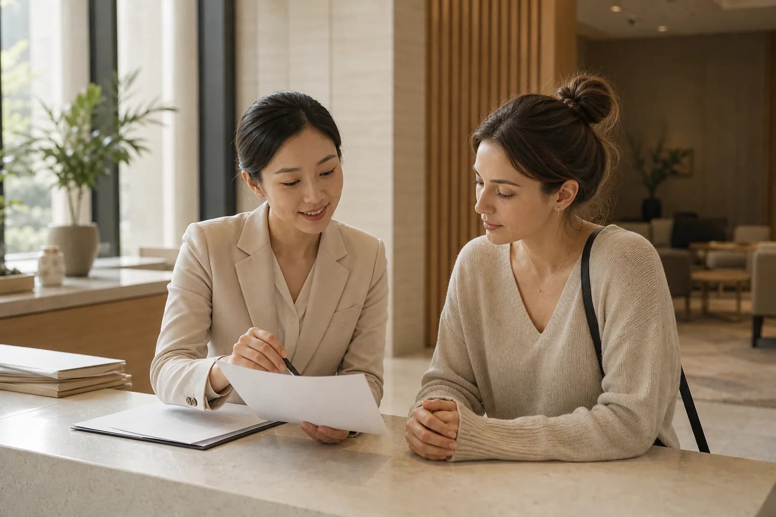 A Korean patient coordinator helps an international traveler review support documents
