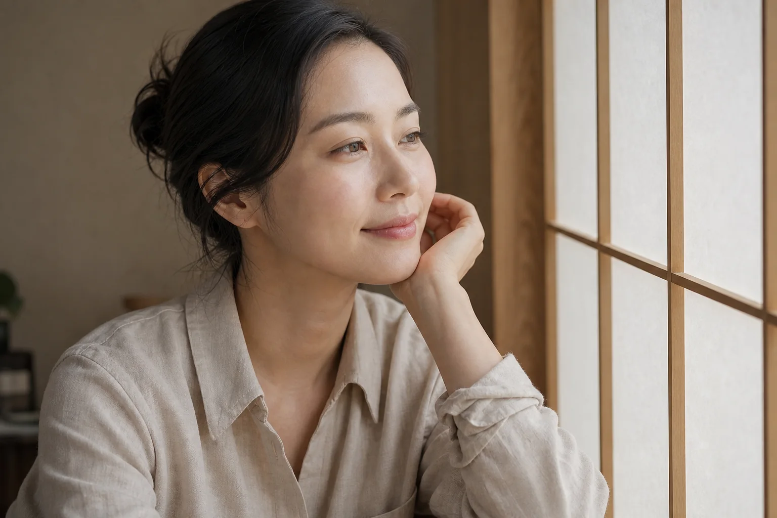 A Korean woman with naturally luminous skin beside a softly lit paper-screen window