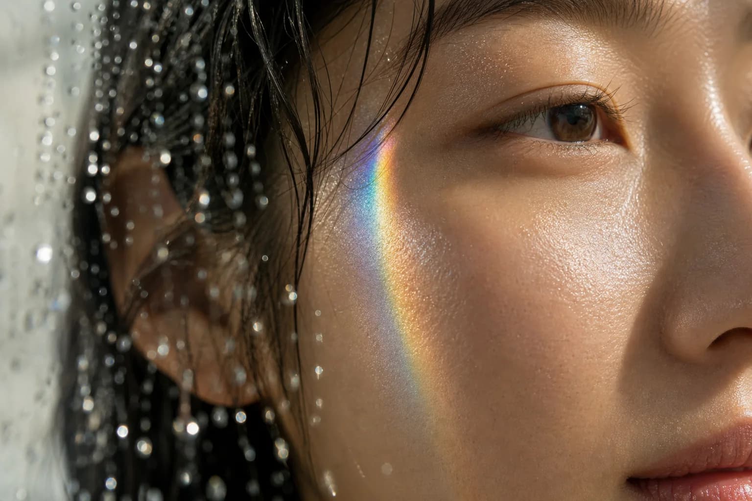 A realistic close view of hydrated skin, water droplets, and a prism of daylight