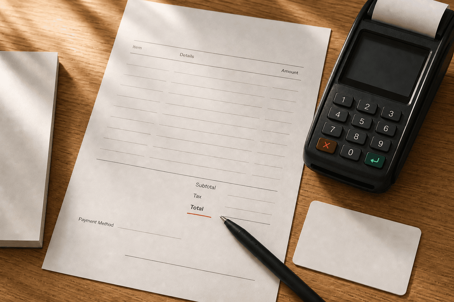 An itemized bill, pen, blank payment card and card terminal on a warm oak desk
