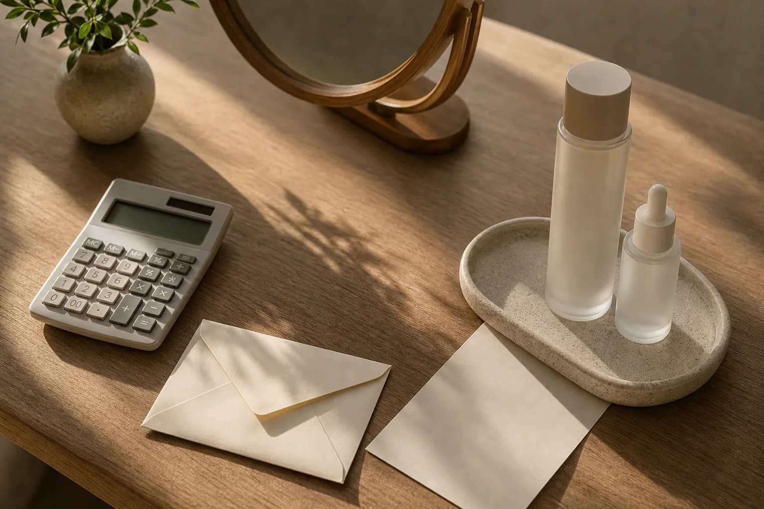A calculator, closed envelope, blank receipt, and skincare bottles in afternoon light