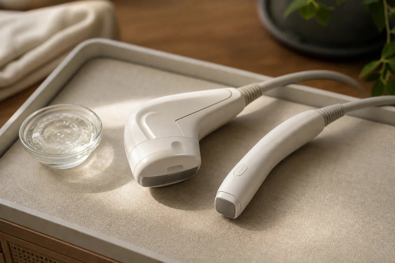 Two unlabeled ultrasound handpieces and coupling gel on a neutral clinic tray