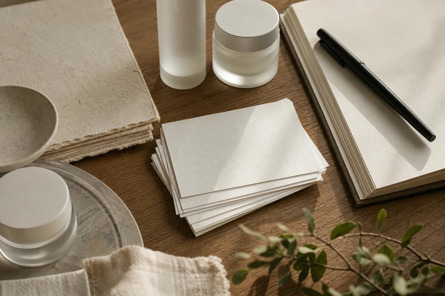 Blank index cards, skincare jars, handmade paper, and a black pen on an editorial desk