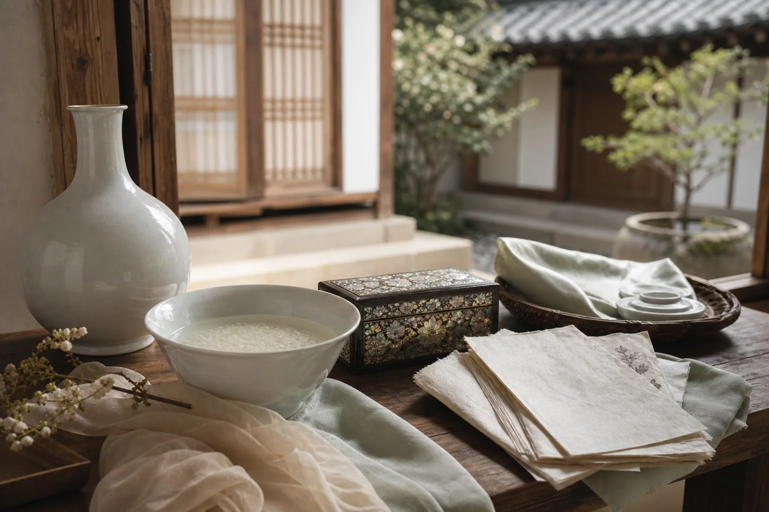 White porcelain, rice water, mother-of-pearl, hanji, and silk in a quiet hanok courtyard