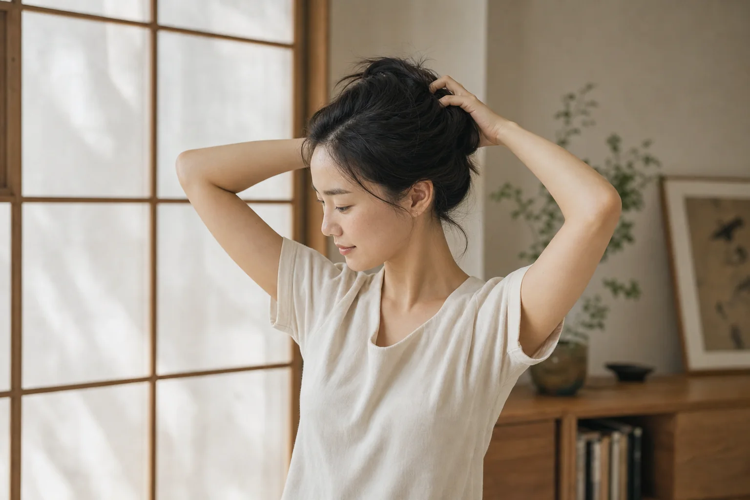 A Korean woman in a cream cotton top calmly ties her hair in soft morning light