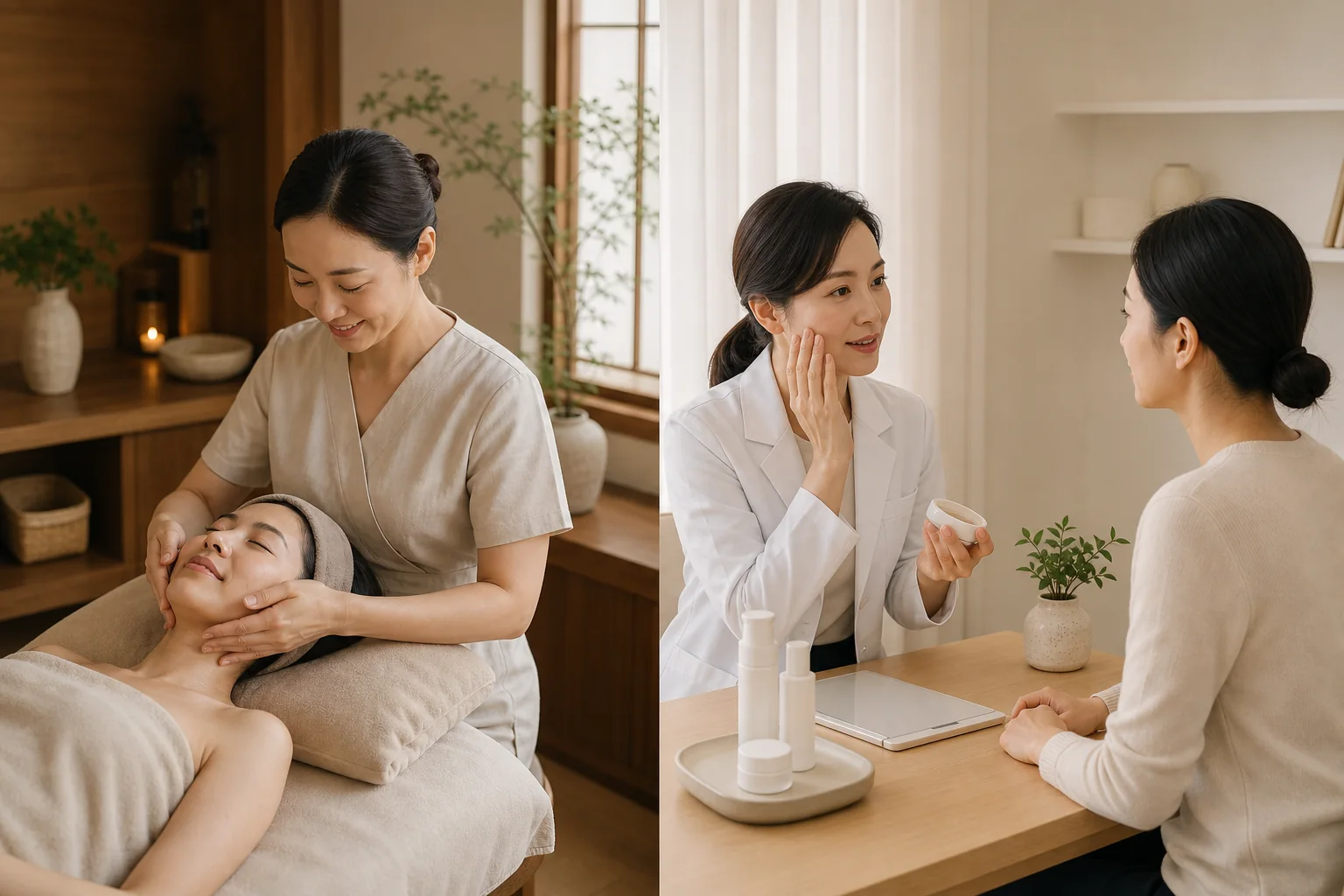 An editorial split view of a hands-on spa facial and a medical skin consultation
