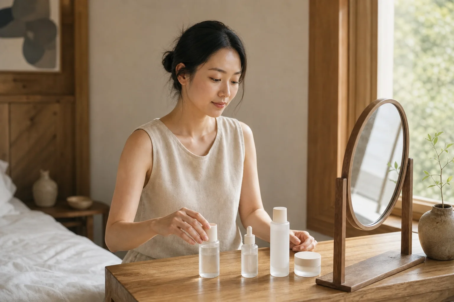 A Korean woman arranges four unlabeled skincare products at a wood vanity