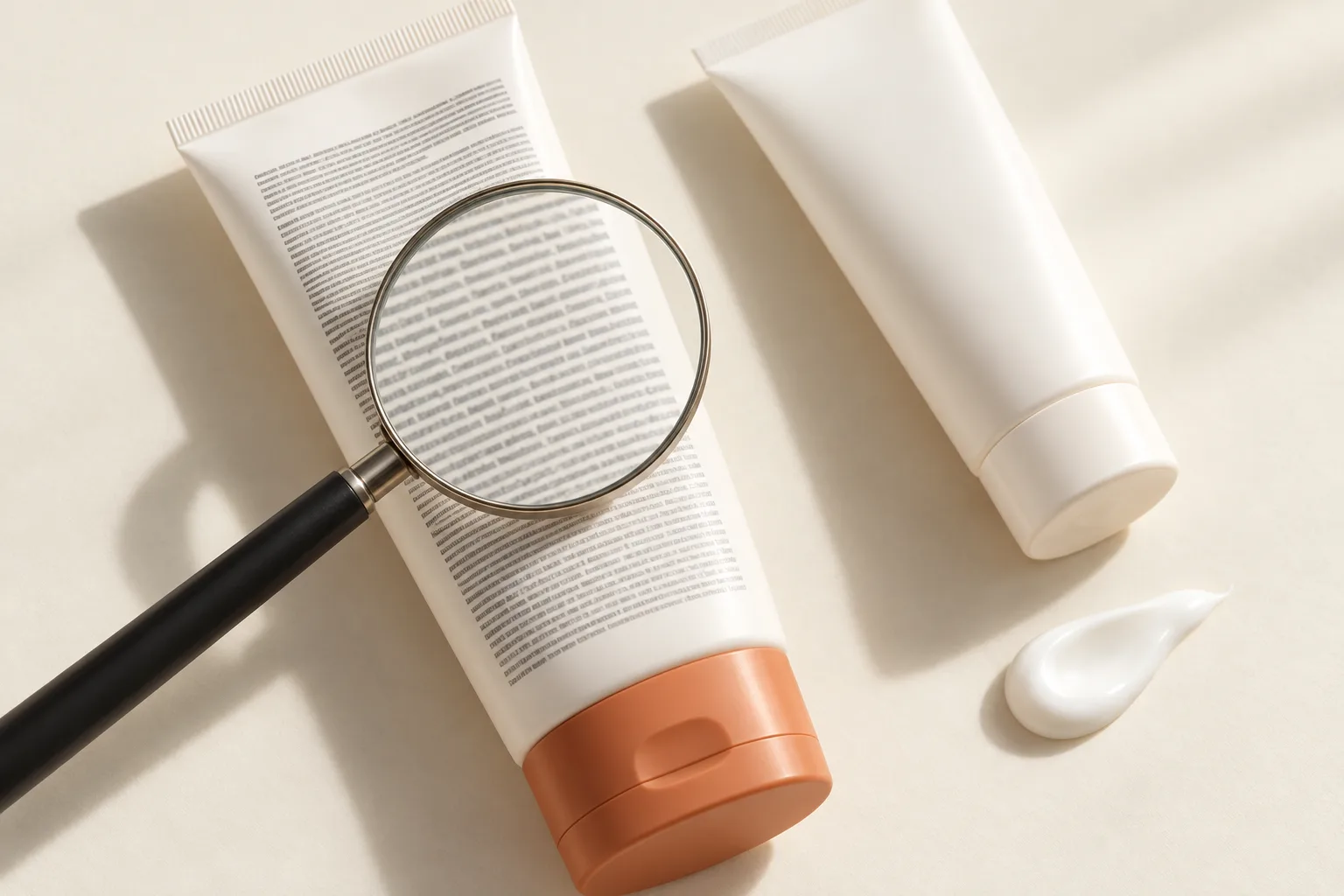 A magnifying glass resting on the back of an unbranded sunscreen tube covered in small print, beside a second tube and a dab of cream