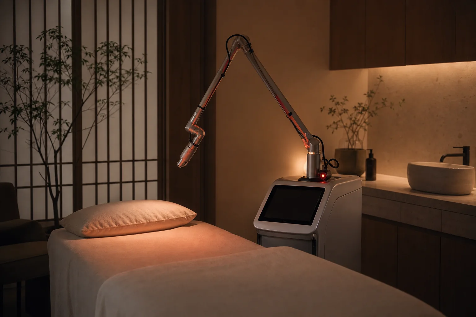 An unlabeled laser device at rest in a quiet clinic room with a soft amber calibration light