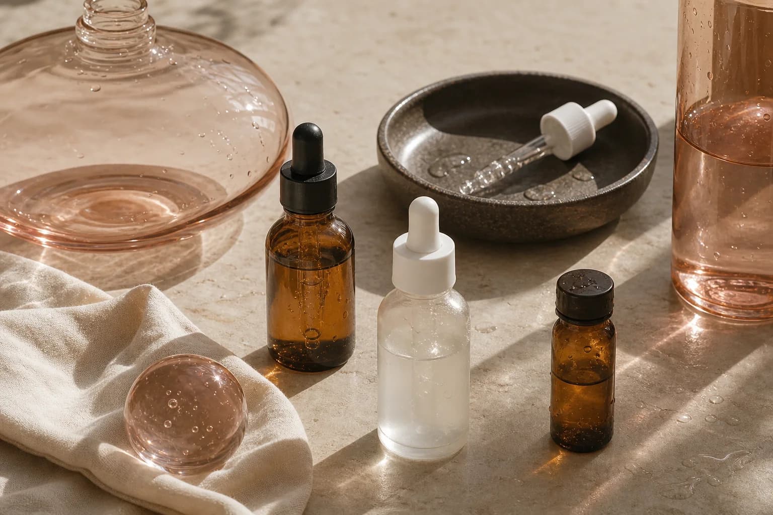 Amber serum vials and translucent salmon-toned glass arranged as a scientific beauty still life
