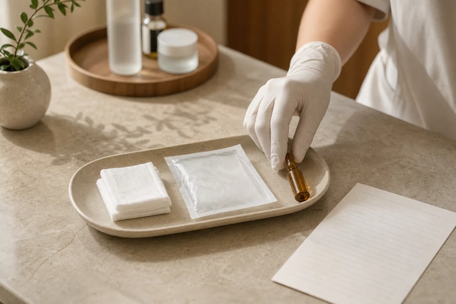 A gloved clinician arranges a sealed amber ampoule beside gauze and a cooling pack