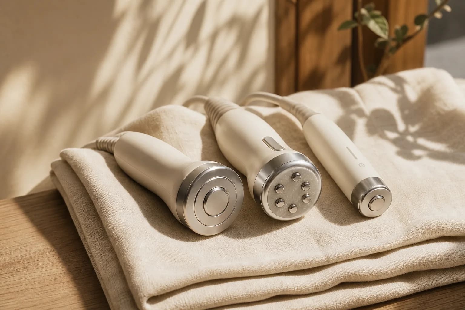 Three unlabeled radiofrequency handpieces arranged on folded cream linen