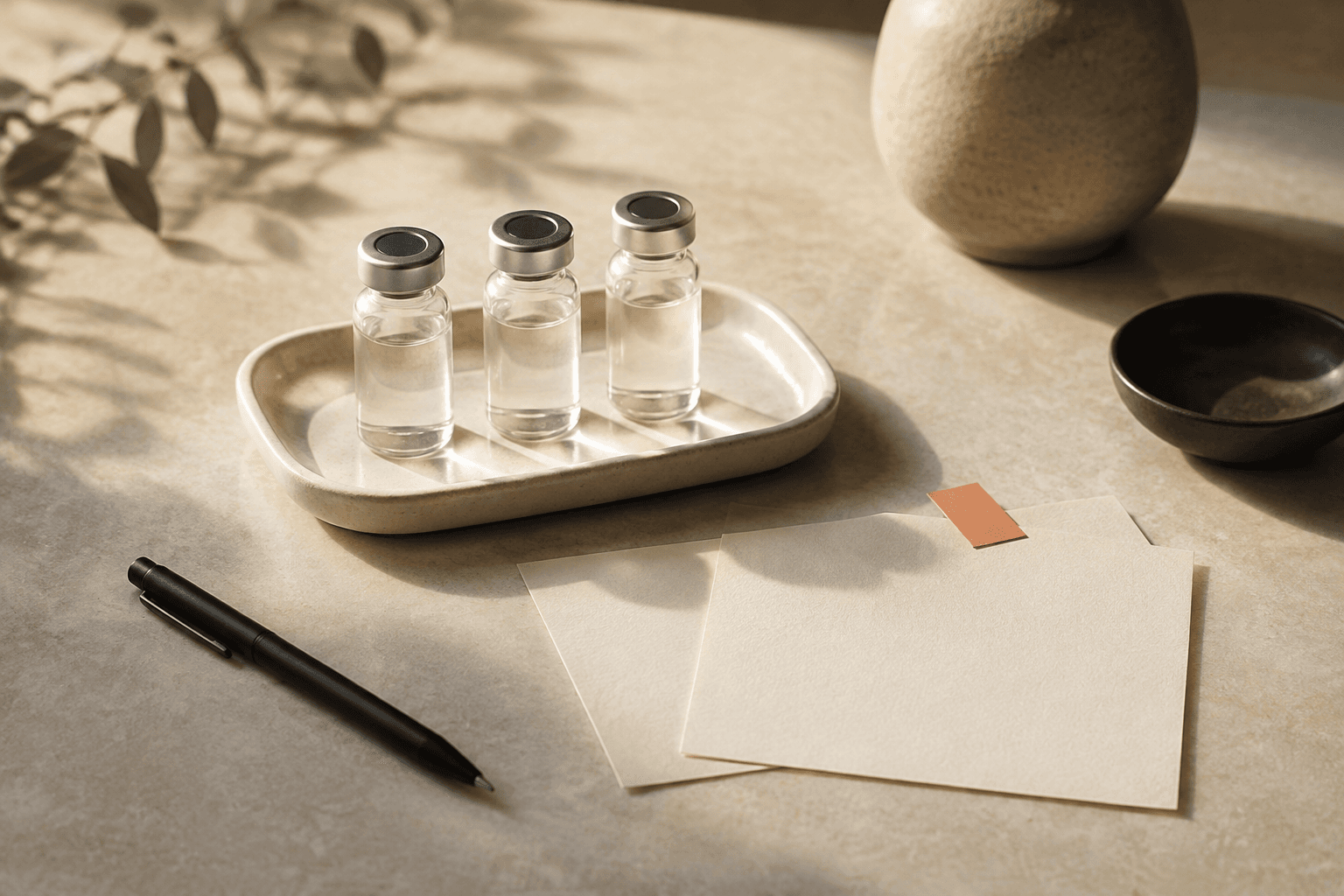 Unbranded glass vials, blank comparison cards and a pen on a warm stone research desk