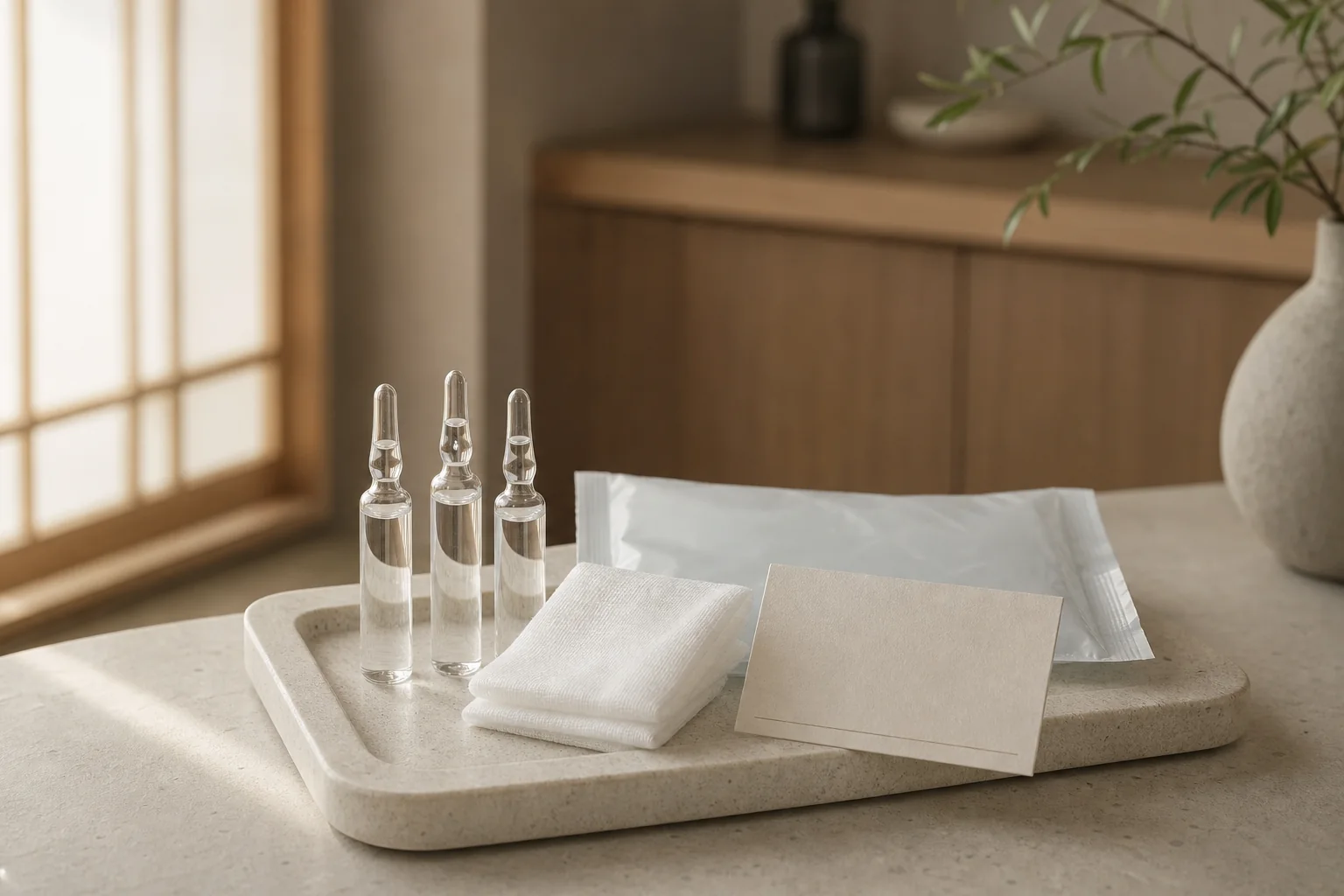 Three sealed ampoules, gauze, a cooling pack, and a consultation card on a clinic tray