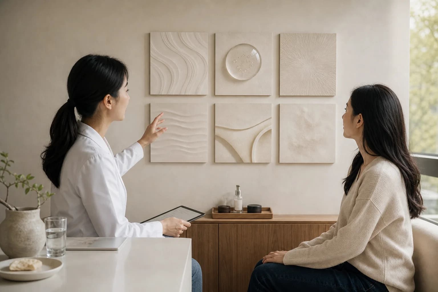 A doctor and visitor review six abstract treatment categories arranged on a consultation wall