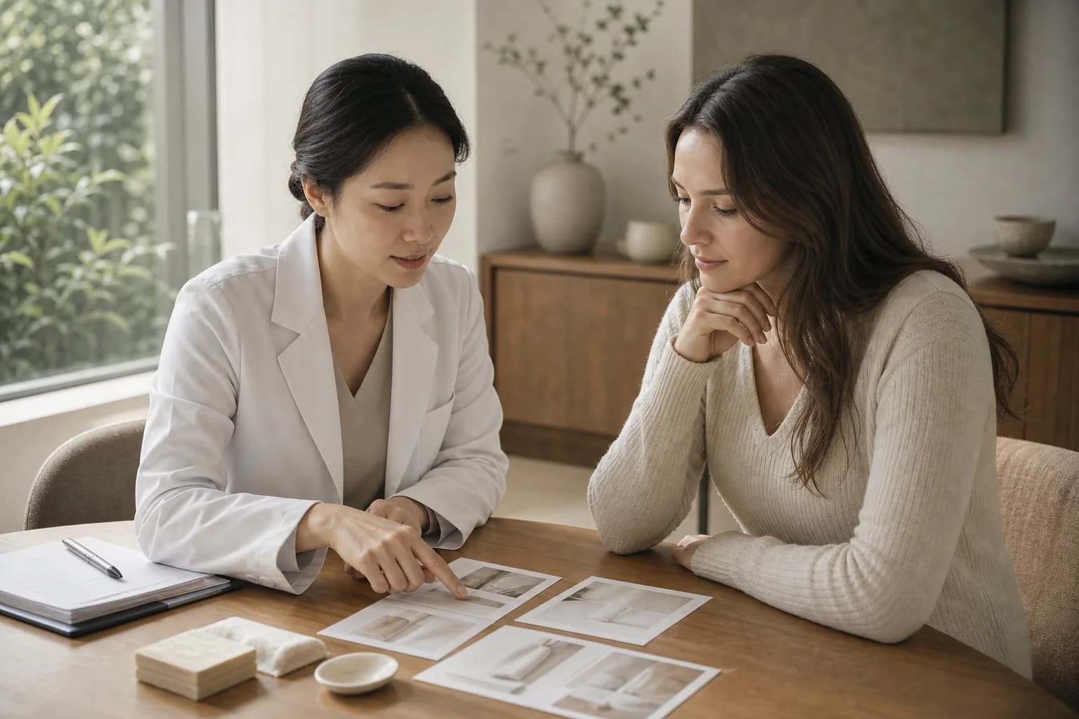 A doctor and visitor compare neutral treatment reference cards at a consultation table
