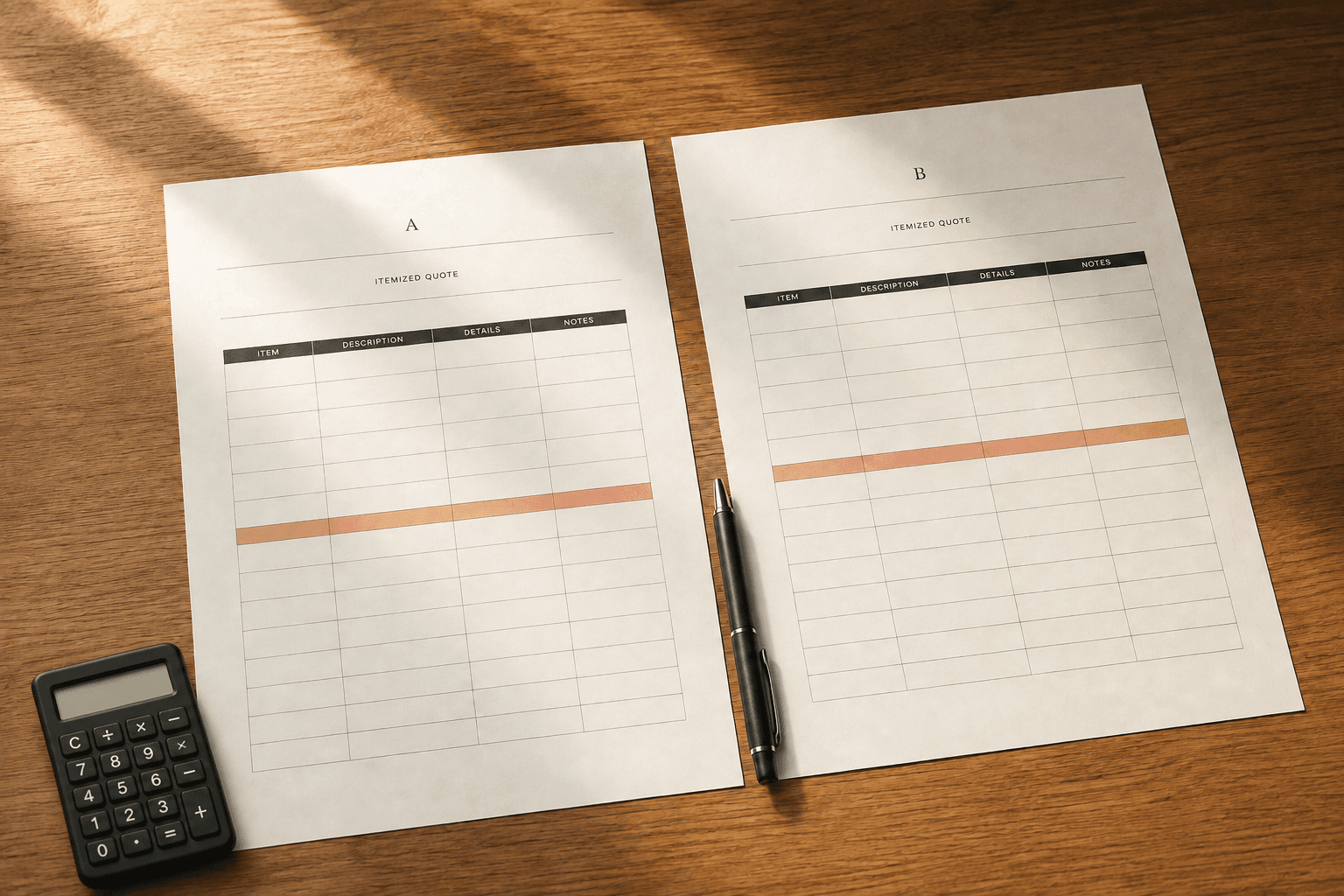 Two itemized quote sheets labeled A and B beside a calculator and pen on a warm oak desk