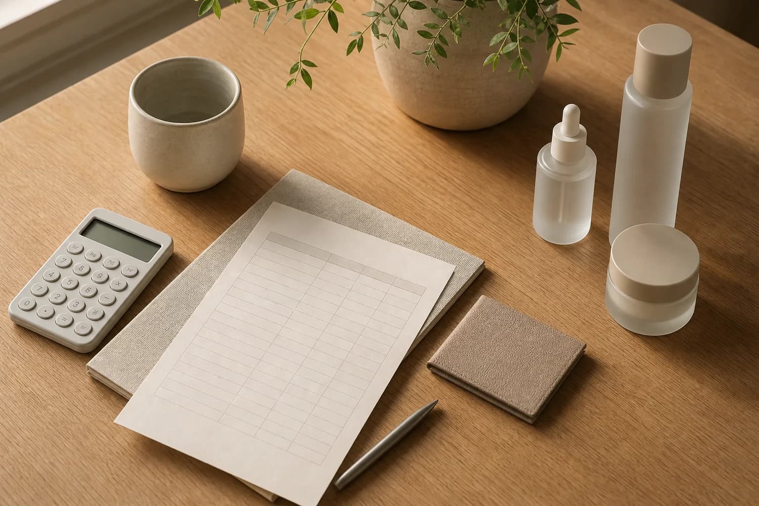 A calculator, blank estimate, and skincare containers on a warm wood research desk