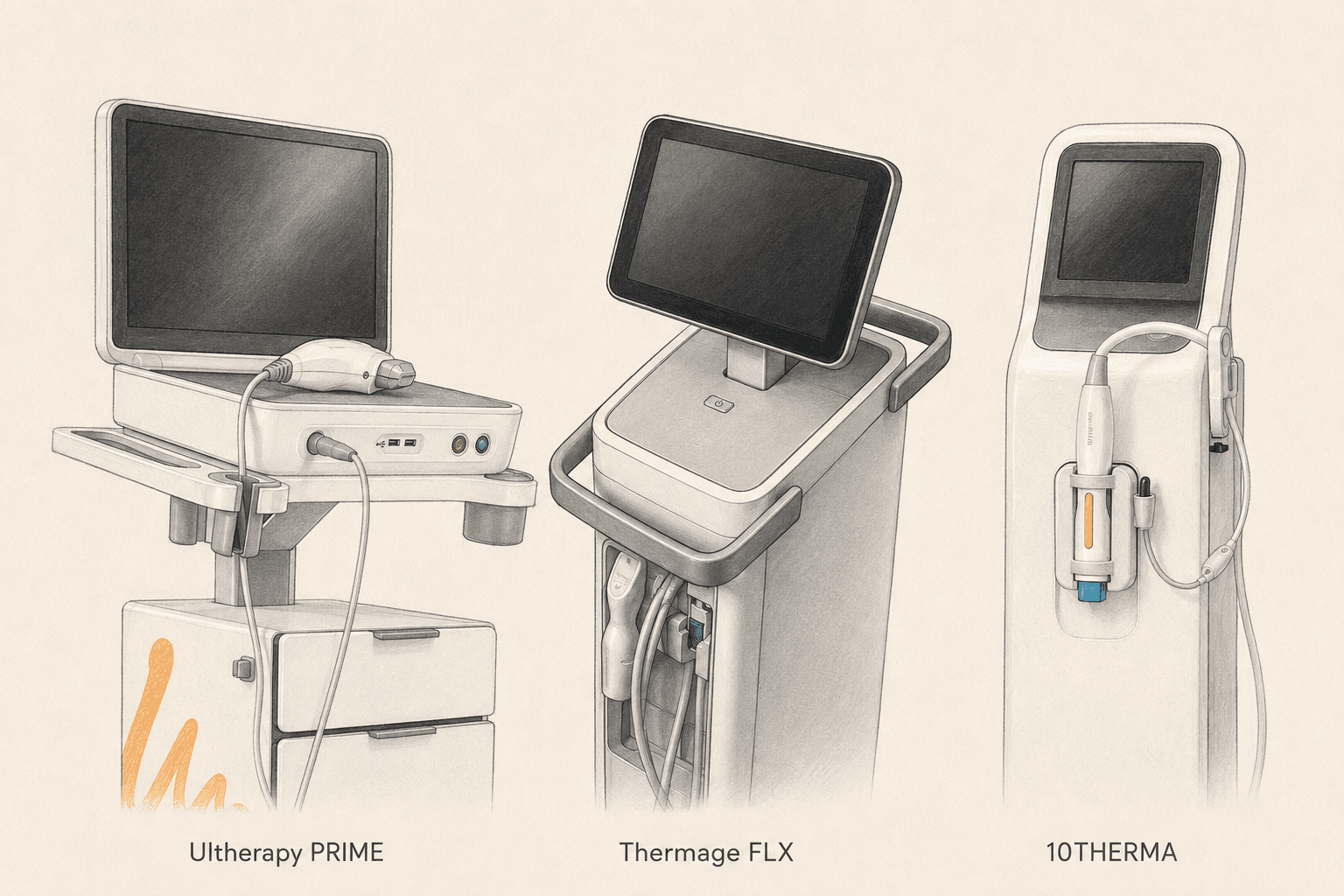 Ultherapy PRIME, Thermage FLX and 10THERMA illustrated from manufacturer references, left to right