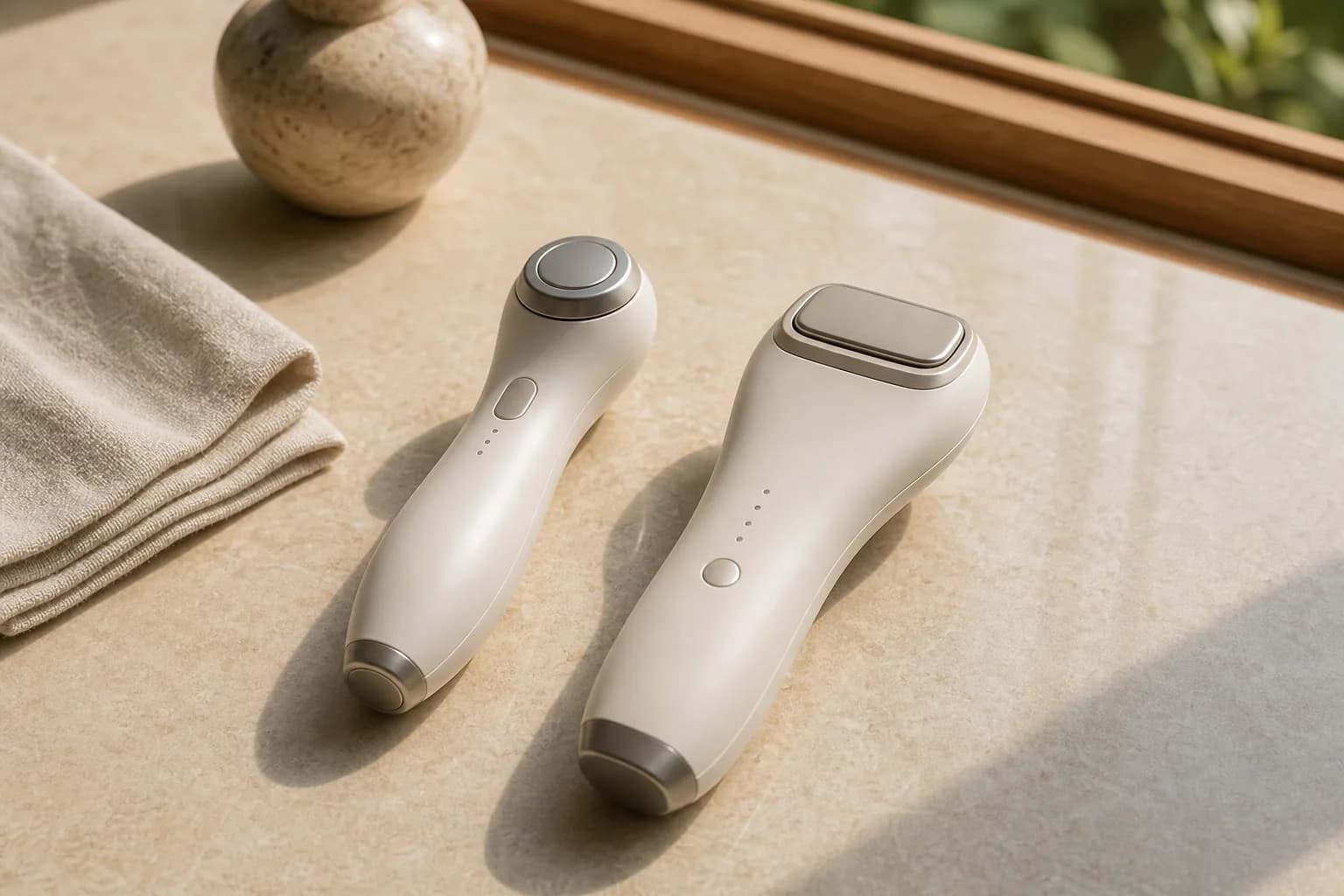 Two distinct unlabeled energy-treatment handpieces arranged side by side on pale stone