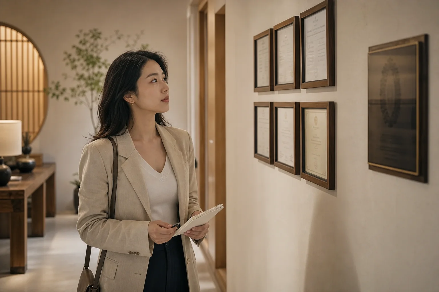 A visitor checks framed clinic credentials while holding a blank verification notebook