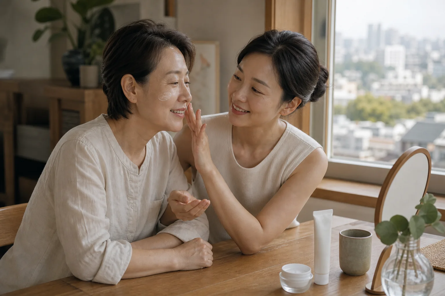 Two Korean women from different generations share a simple morning sunscreen ritual