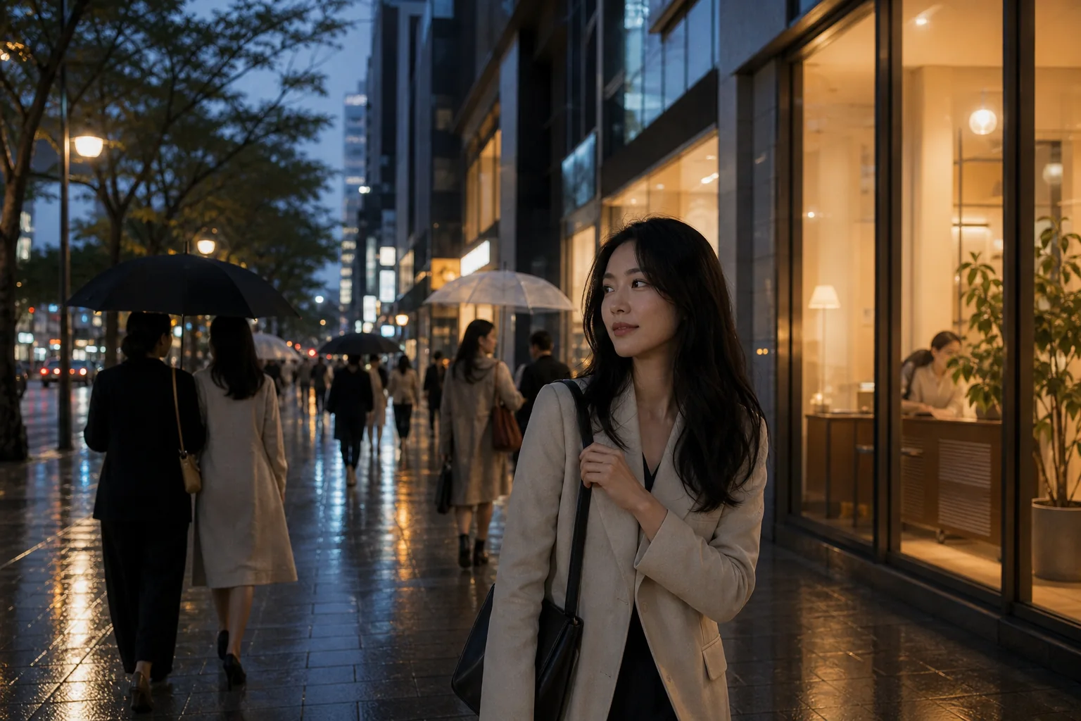 Pedestrians pass warm beauty and café windows on a rainy Seoul street at dusk
